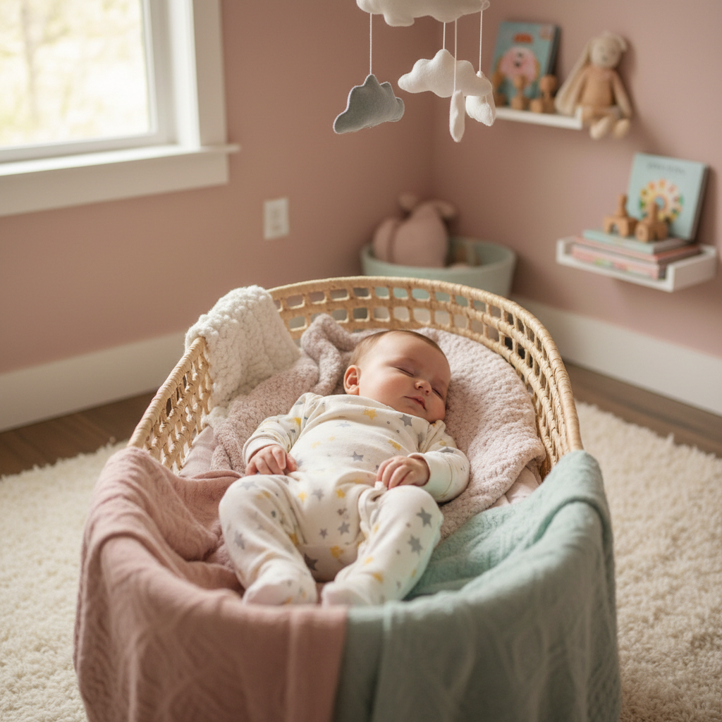 Baby peacefully sleeping in a soft star-patterned sleeping bag romper in a cosy nursery